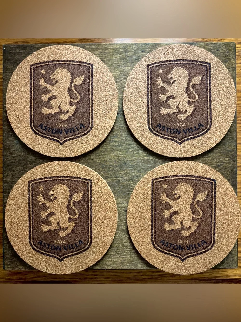 Aston Villa Logo Laser Engraved Cork Coasters Bundle of 4